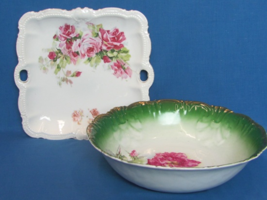 2 Vintage Porcelain Items with Pink Roses – 10 1/2” Bowl & 9 1/2” Square Tray – No chips