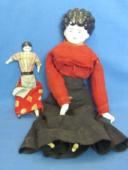2 Vintage Porcelain Dolls – Low Brow with Vintage Clothing – 7 1/2” & 14” tall