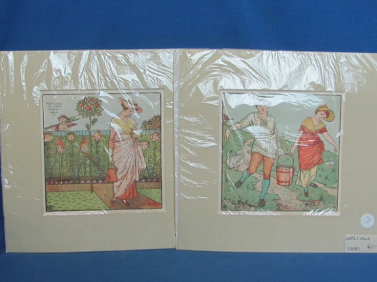 2 Matted Prints by Walter Crane – Jack & Jill – Mistress Mary, Quite Contrary – Mats are 10 1/4” squ
