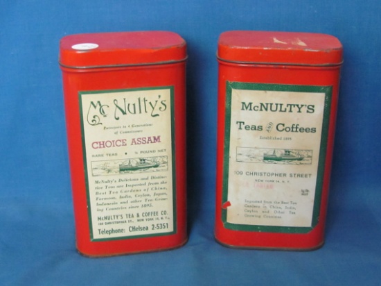 Mc Nulty's Teas & Coffee Tins (2) – 6 1/2” T – Paper Labels – One With Some Contents