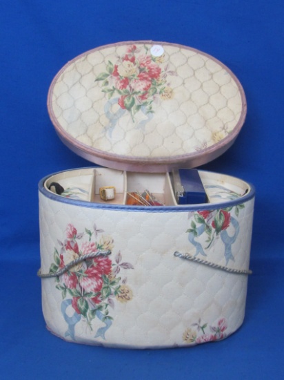 Vintage Fabric Covered Sewing Basket with Some Supplies – Pull-out Tray – 10 1/2” x 7 1/2”