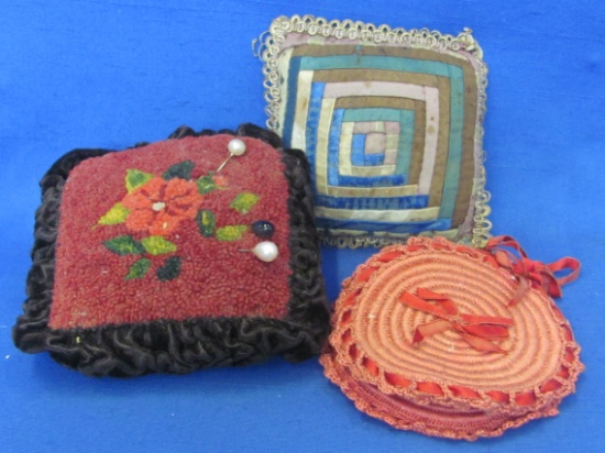 2 Vintage Pin Cushions & 1 Handmade Needle Case – Largest is about 4 1/2” long