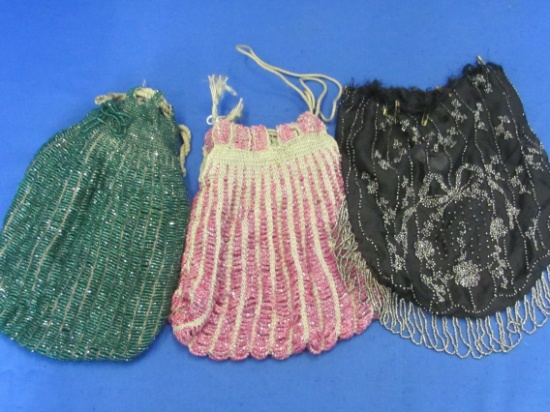 3 Antique Beaded Purses in Need of Repair – Green & Purple have heavy glass beads