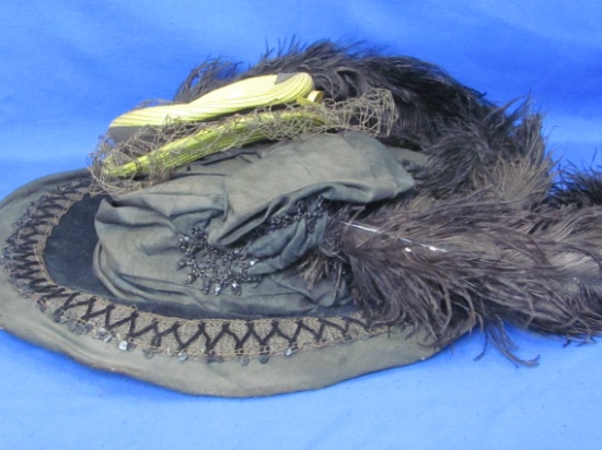 2 Antique Hats – Large Black w Velvet Beading & Feathers – Small Child's in Green with Netting