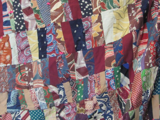 Handmade Crazy Quilt – Perhaps made from Men's Ties, Floral Back – Measures about 86” x 66”