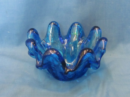 Blue Art Glass Dish – 3” T – 5” D – No Chips/Cracks – As Shown