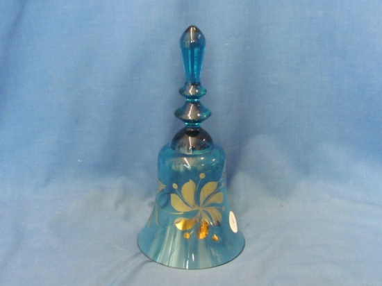 Blue Glass Shaped Bell With Gold Painted Flower – 7 1/2” T – No Clanger
