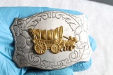 Vintage Silver and Gold 3D Wagon Train Design Belt Buckle by Chambers Belt Co.