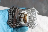 Vintage Western Porcelain Insert (2) Horse Medallion Belt Buckle 3 3/4
