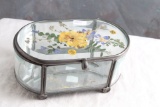 Antique Victorian Bevelled Glass Dresser Box with Dried Flowers in Lid