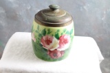 Antique Handpainted Bisquit Jar Porcelain with Brass Lid 7 1/2