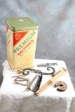 1950's Nabico Saltines Metal Container Full of Collectibles Openers, Corkscrew,