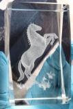 Rearing Horse Glass Paperweight in Navy Blue Case 3 1/4