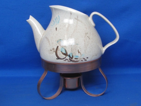 Red Wing Pottery Teapot with Copper Metal Stand – Bob White Pattern – 6 1/4” tall – Missing lid