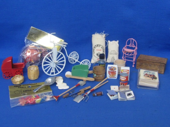 Lot of Miniatures: Various Scales – Tricycle – Baby Buggy – Books – Garden tools & more