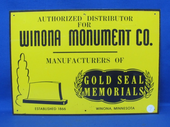 Metal Enamel? Sign “Winona Monument Co.” Gold Seal Memorials – 14” x 10”
