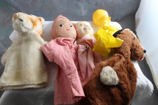 5 Vintage Hand Puppets Tweety Bird, Character Donkey, Tiger and Avon Bubble Bunny