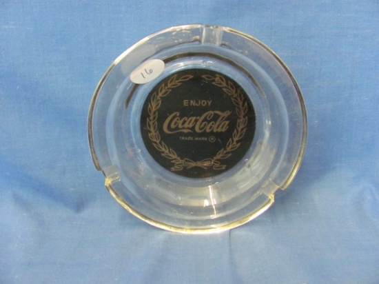 Coca Cola Glass Ashtray – Black & Gold Logo – 4 1/2” D