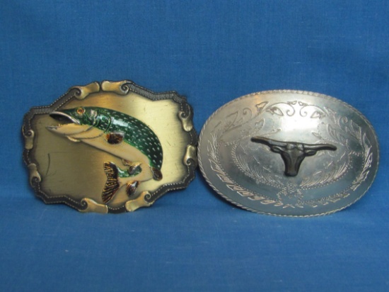 2 Vintage Belt Buckles – 1 with a Fish dated late 1970s – 1 Silvertone with a Steer