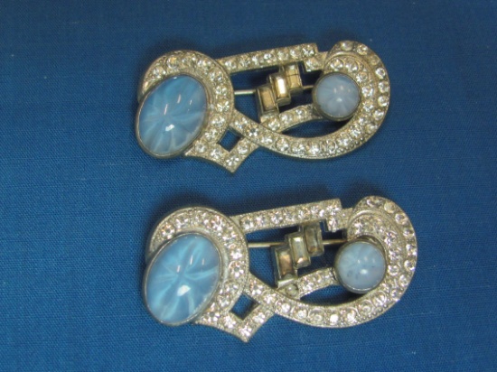 Pair of Vintage Pins/Brooches with Rhinestones & Blue Cabochons – 1 3/4” long