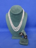 Vintage Mixed Lot (1) Clear Glass Beaded Necklace & Black & Rhinestone Earrings -