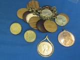 Lot of Coin/Token Jewelry: South Africa Bracelet – Mexican Clip-on Earrings – 2 Pendants