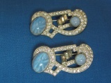 Pair of Vintage Pins/Brooches with Rhinestones & Blue Cabochons – 1 3/4” long