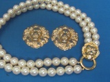 Faux Pearl Necklace w Lion's Head Clasp (Kenneth Jay Lane for Avon) + Clip-on Earrings