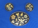 Damascene Pin/Brooch & Pair of Clip-on Earrings – made in Spain – Pin is 1 3/4” long