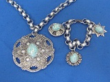 Lightweight Metal (Aluminum?) Necklace & Bracelet – Kind of Boho – Pendant is 2 3/4” in diameter