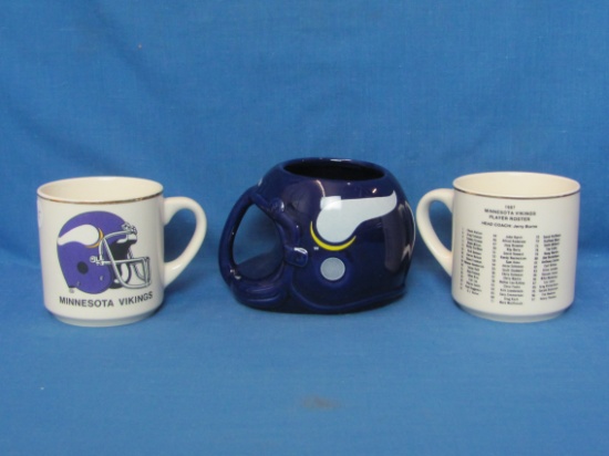 3 Minnesota Vikings Coffee Mugs – 1 is Helmet Shaped & dated 1986