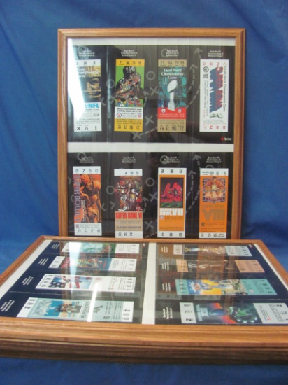 Framed Collection of late 1990s Phone Cards Replicating Super Bowl Tickets