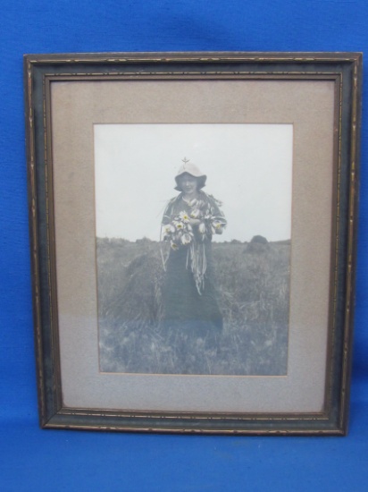 Great Framed Vintage Photograph – Girl in Field Holding Drooping Flowers