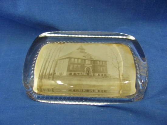 Glass Paperweight With Picture of Old School – No Location of School – 2 5/8” x 4”