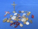 Lot of Christian/Catholic Charms – Medals – Bracelet Rosary w Red Glass Beads