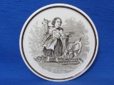 Small Vintage Pottery Plate – Brown Transfer of Girl with Goats – Made in Germany – 3 1/2”