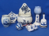 Lot of Blue & White Ceramics – Holland Theme – Most are marked Delft – Vase – Candle Holder