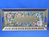 Metal Tray w Hand Painted Flowers – Goldtone -  Measures 22 3/4” x 10 3/4”