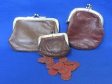 3 Old Leather Coin Purses – Smallest contains Red 1 Point OPA Ration Tokens