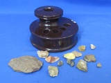 Misc Rocks – Agates? Plus large Porcelain Insulator? Marked “Pat. 8-1-50”  5” in diameter
