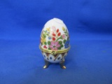Hand Painted With 22K Gold Porcelain Trinket Box Shaped Like An Egg 4”H -