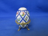 Hand Painted With 22K Gold Porcelain Trinket Box Shaped Like An Egg 4”H -