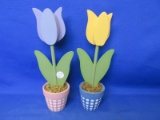 Lot Of 2 Wooden Tulips In Small Painted Terracotta Pots 10 ¼”H -