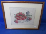 Framed Cross Stitch Picture Of Strawberries In A Bowl – 15”L x 12”H  -