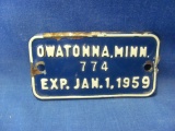 1959 Bicycle License Plate – Owatonna MN – 1 3/4” x 3 1/8”
