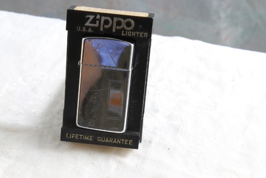 1990 Zippo Slim Lighter in Original Case with Engraved Design