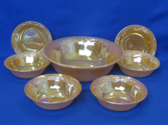 Fire-King Peach Lustre Laurel Pattern Serving Bowl & 6 Berry Bowls – 5” & 8 1/4” in diameter
