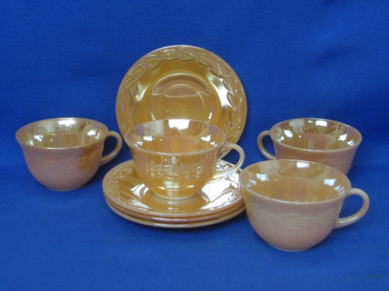 4 Cup & Saucer Sets – Fire-King Laurel in Peach Lustre – Cups are 2 1/4” tall