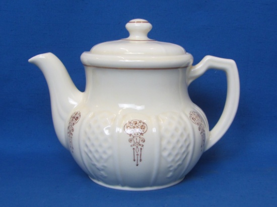 Porcelier Vitreous China Teapot – Cream w Embossed Design – Brown Accents