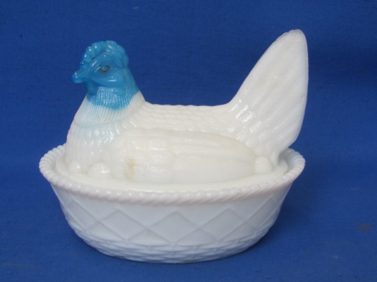 Westmoreland Milk Glass Hen on Nest Dish – Hard to find Blue Head – 5” long